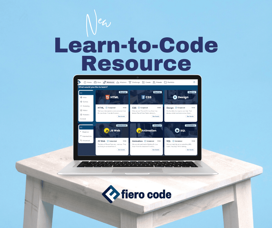 A laptop on a white table displays coding courses on its screen. Above, text reads New Learn-to-Code Resource. The logo and name fiero code appear below the table, all set against a blue background.