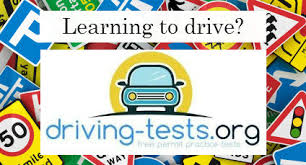 A graphic with a car illustration and the text Learning to drive? above driving-tests.org, over a background of colorful road signs.