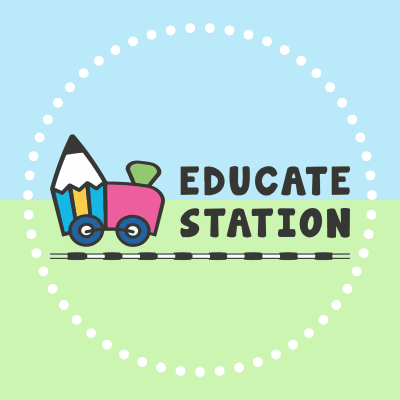 Logo with a cartoon train featuring a pencil as the engine, pink and green accents, and the text EDUCATE STATION beside it. The design is set against a blue and green background with a dotted white border.