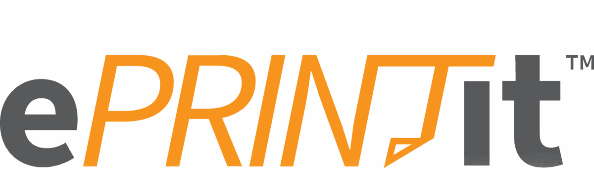 The logo features the word ePRINTit with e and it in gray and PRINT in orange. The N in PRINT is stylized to resemble a sheet of paper curling up at the bottom right corner.