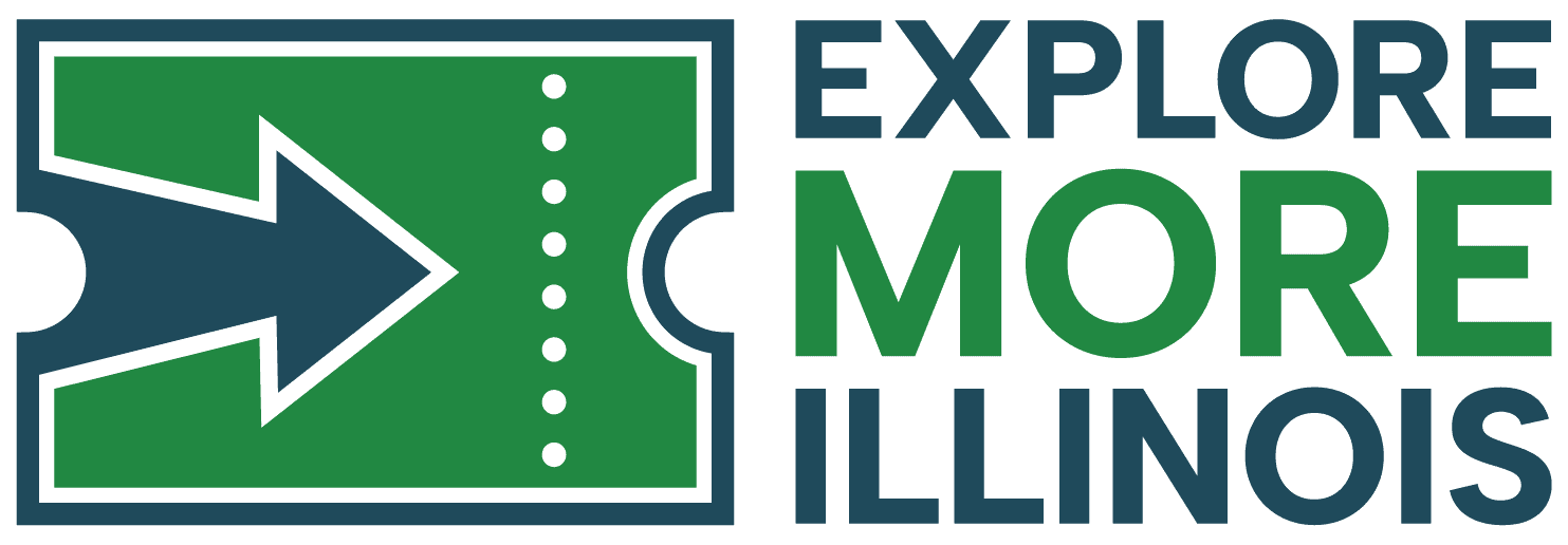 Logo with a green ticket and white arrow pointing right, alongside the words Explore More Illinois in bold green and blue letters.