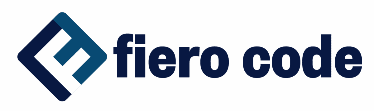 Logo for fiero code featuring a geometric blue and white diamond-shaped icon to the left of the bold, lowercase text fiero code in dark blue.