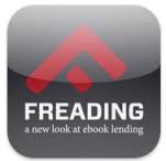 Freading app logo featuring a red geometric design above the word FREADING in white, with the tagline a new look at ebook lending beneath on a dark background.
