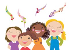 Four smiling children joyfully sing together, with colorful musical notes and symbols floating above their heads, indicating music and happiness.