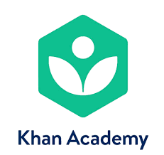 Khan Academy logo featuring a green hexagon with a white abstract figure and leaves inside, above the text Khan Academy in dark blue letters.