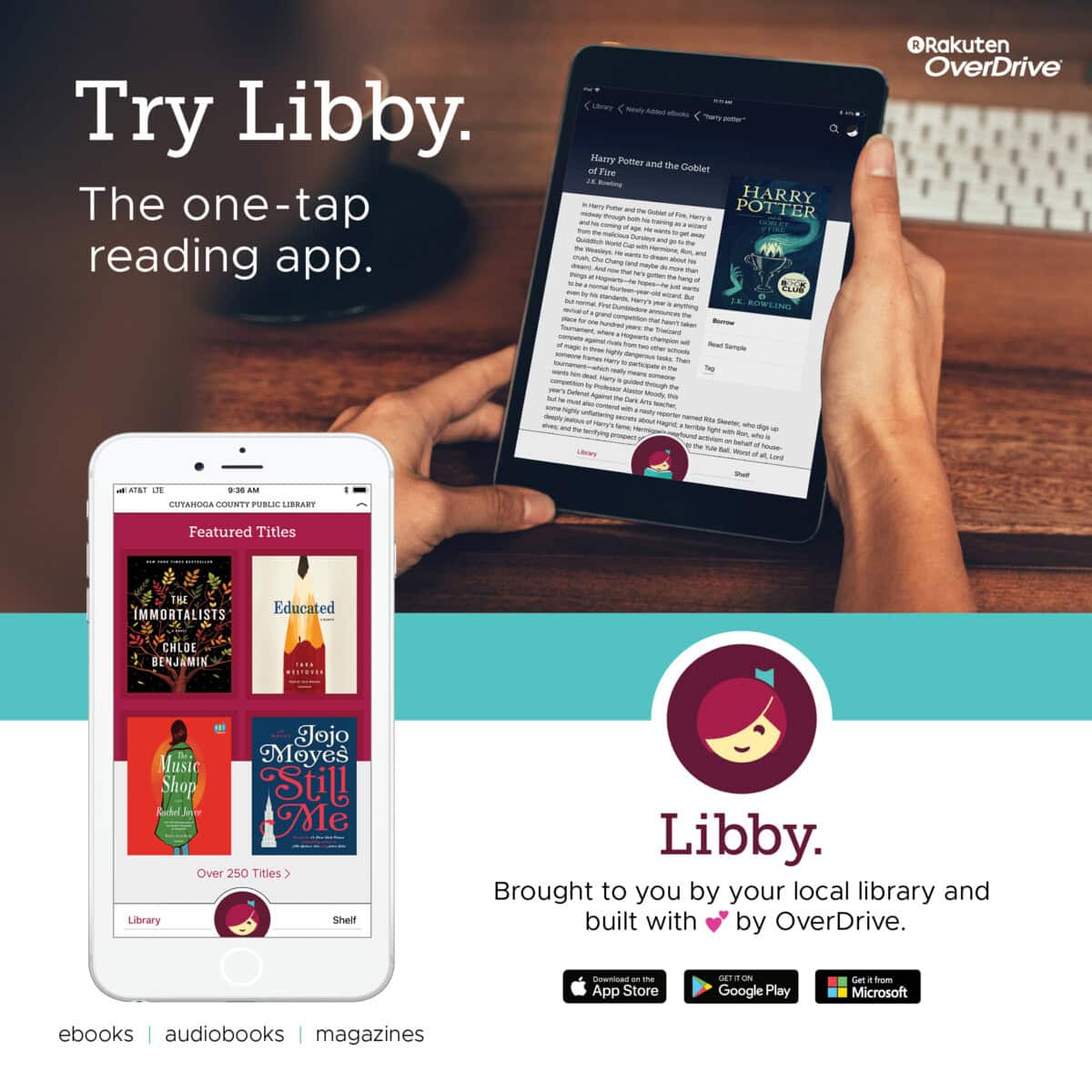 A person holds a tablet displaying the Libby app with the Harry Potter book. Below, a phone shows the Libby app’s featured titles. Text promotes Libby as a library reading app by OverDrive, with app store logos.