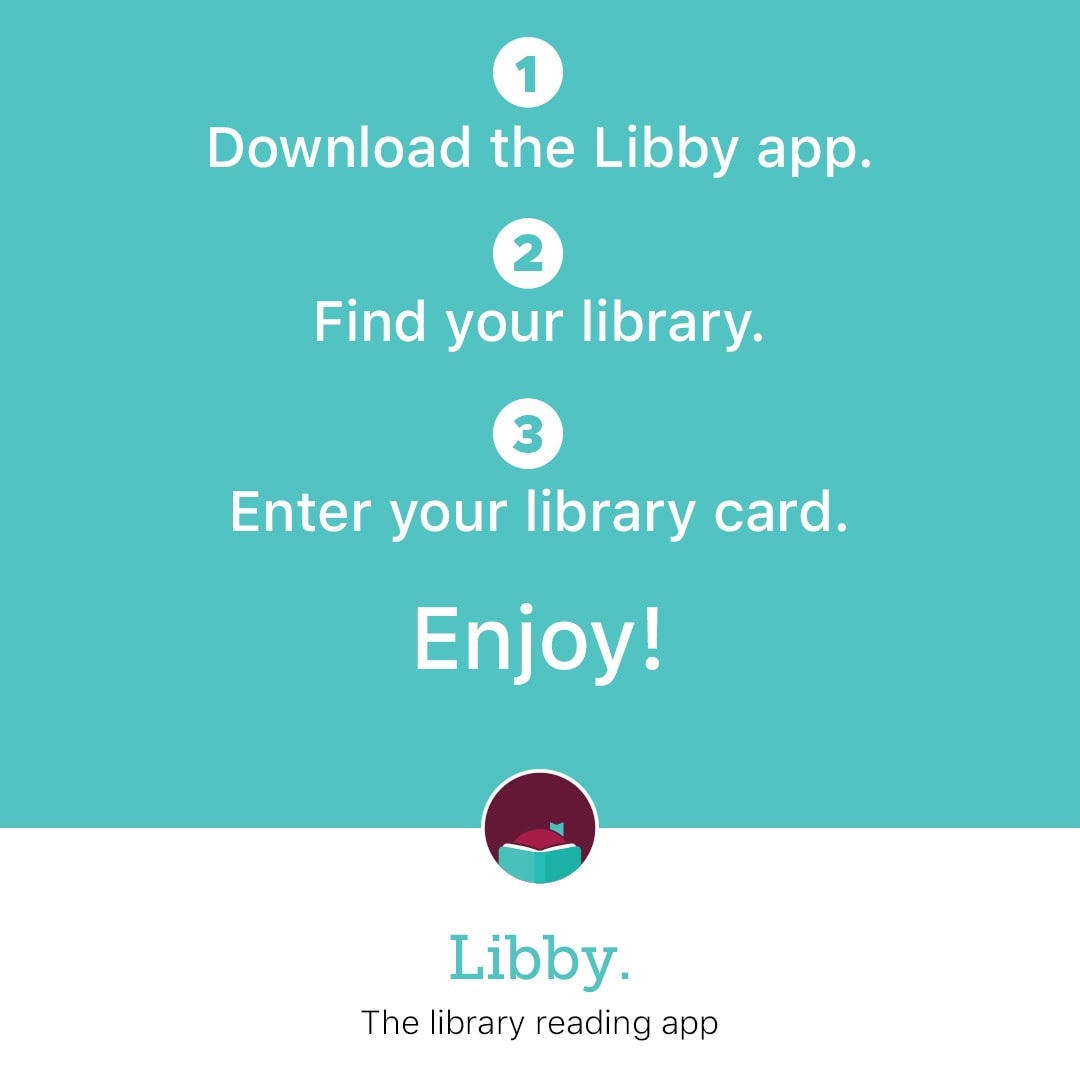 Infographic with steps to use the Libby app: 1. Download the Libby app. 2. Find your library. 3. Enter your library card. The word Enjoy! is highlighted, with the Libby logo and tagline The library reading app at the bottom.