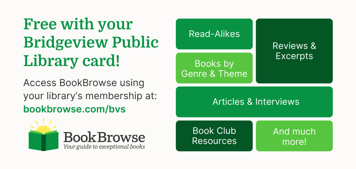 Promotional graphic for BookBrowse, stating free access with a Bridgeview Public Library card. Features green boxes listing offerings: read-alikes, reviews, genres, interviews, book club resources, and more. Website: bookbrowse.com/bvs.
