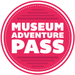 A round, pink badge with white text that reads Museum Adventure Pass in bold, all-caps letters, surrounded by decorative dotted and solid borders.