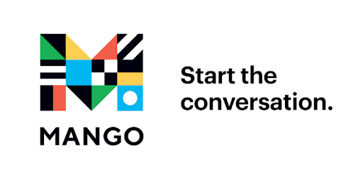 A colorful geometric M logo next to the text Start the conversation. and the word MANGO below the logo on a white background.