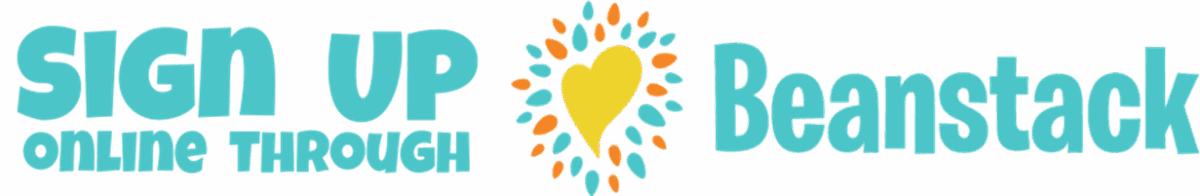 Turquoise text reads Sign up online through Beanstack with a yellow heart surrounded by colorful dots between the words.