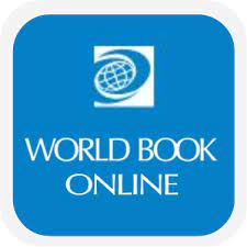 Blue square logo with a white globe inside a swirling oval at the top, and the words World Book Online in white capital letters below the globe.